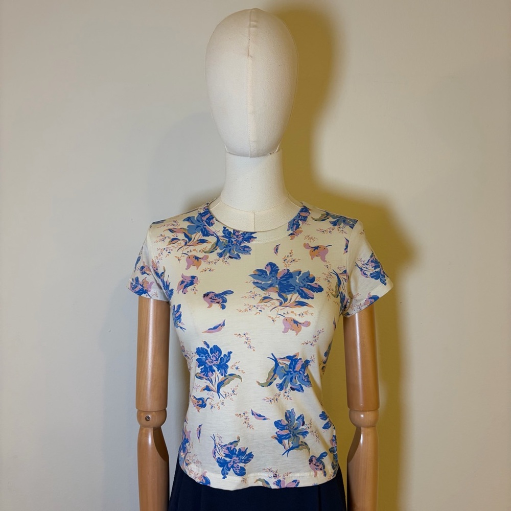 Rag & Bone Floral Print Cropped Tee - Ivory/Blue - Size S